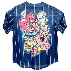 Nickelodeon SpongeBob SquarePants Baseball Jersey Shirt Mens Pinstripe Blue XL
